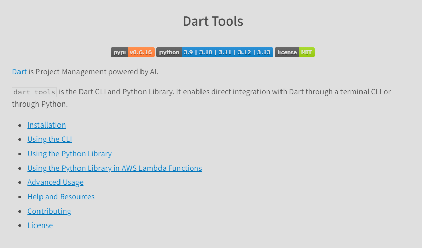 Dart API, libraries, and CLI feature screenshot